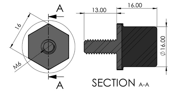 Hexagonal Stud Headed rubber bump stop 1616 dimensions