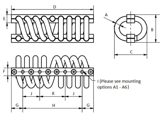 Large Helical Coil Cavoflex Wire Rope Mounts dimensions