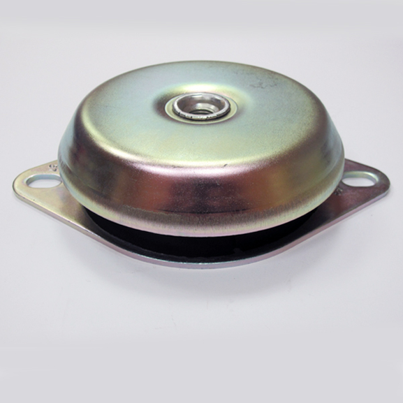 Metallic anti vibration component with a central hole on a white background