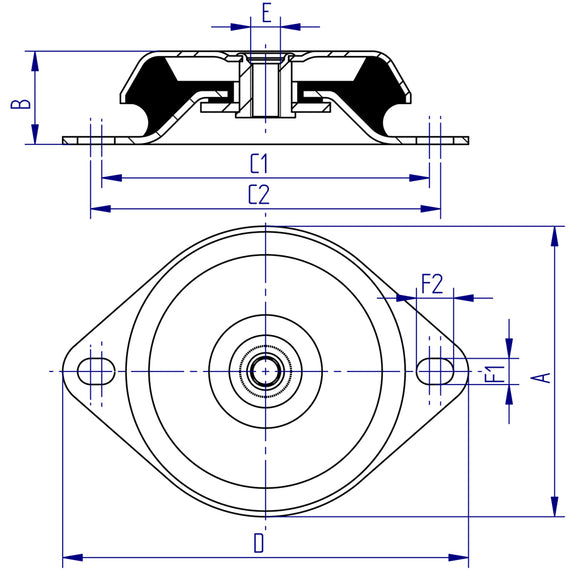Technical drawing of a mechanical anti vibration component with dimensions labeled