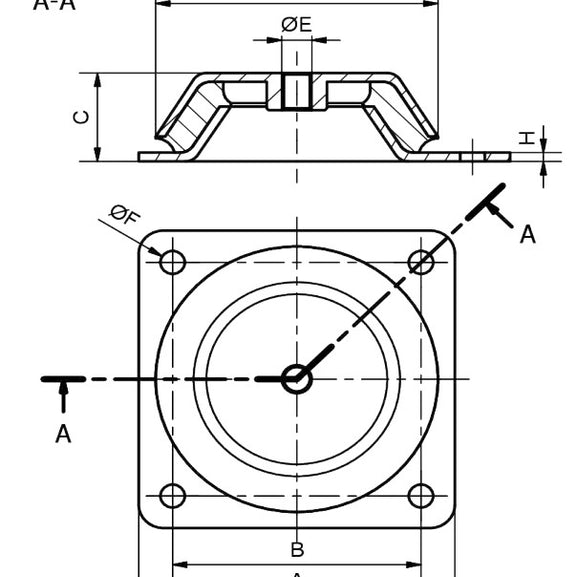 Technical drawing of a mechanical anti vibration component with dimensions and views